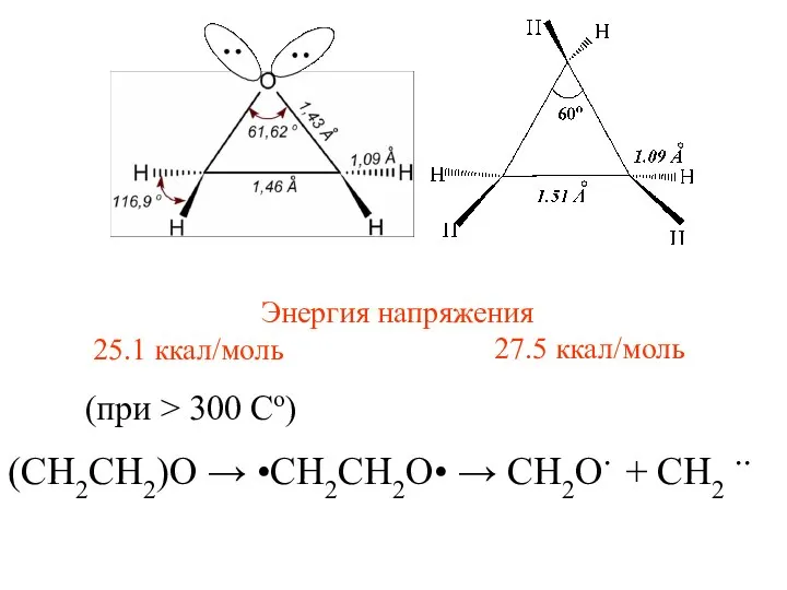 Энергия напряжения 25.1 ккал/моль 27.5 ккал/моль (при > 300 Сo) (CH2CH2)O