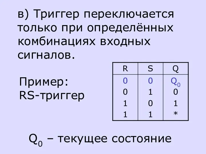 в) Триггер переключается только при определённых комбинациях входных сигналов. Пример: RS-триггер Q0 – текущее состояние