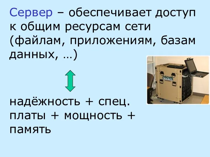 Сервер – обеспечивает доступ к общим ресурсам сети (файлам, приложениям, базам