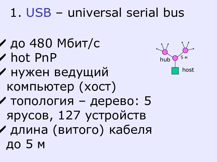 1. USB – universal serial bus до 480 Мбит/c hot PnP