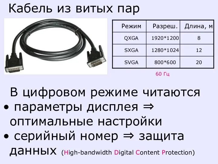 В цифровом режиме читаются параметры дисплея ⇒ оптимальные настройки серийный номер