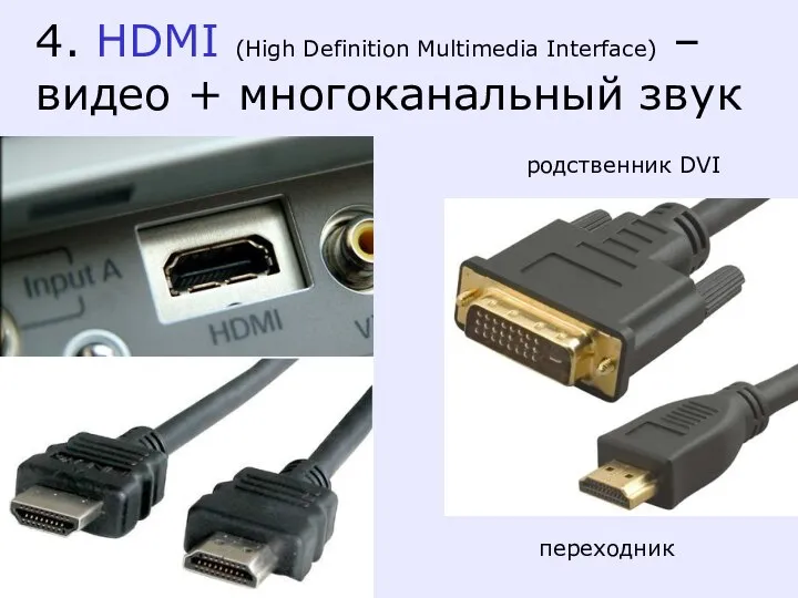 4. HDMI (High Definition Multimedia Interface) – видео + многоканальный звук переходник родственник DVI