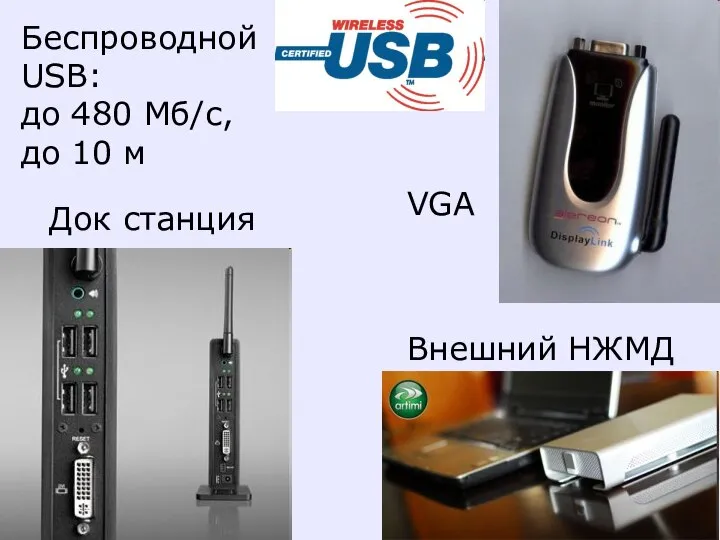 Беспроводной USB: до 480 Мб/с, до 10 м Док станция Внешний НЖМД VGA