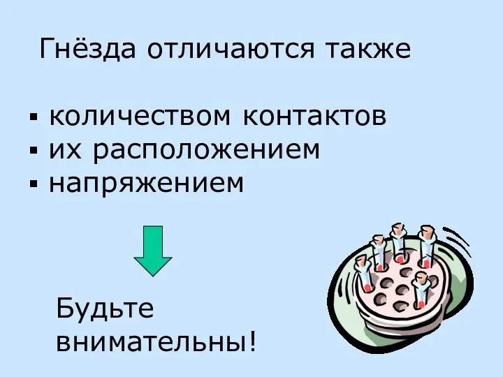 Гнёзда отличаются также количеством контактов их расположением напряжением Будьте внимательны!