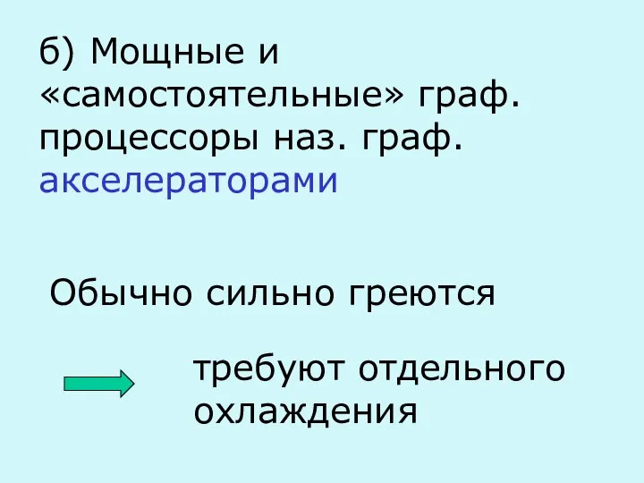 б) Мощные и «самостоятельные» граф. процессоры наз. граф. акселераторами Обычно сильно греются требуют отдельного охлаждения