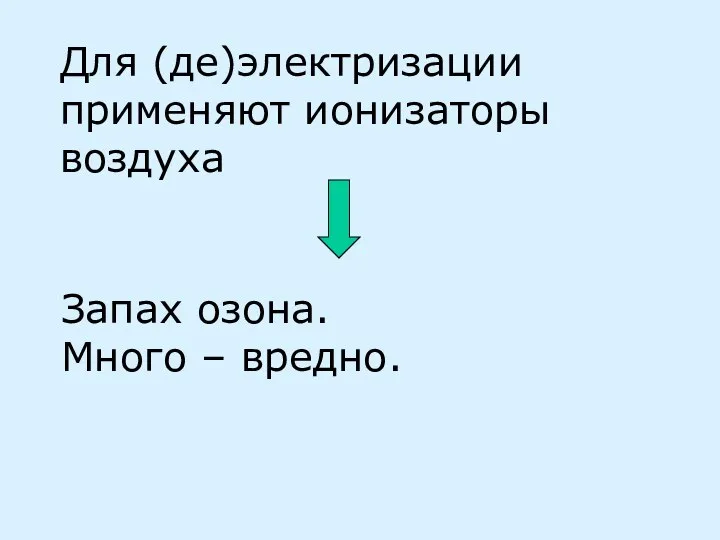 Для (де)электризации применяют ионизаторы воздуха Запах озона. Много – вредно.