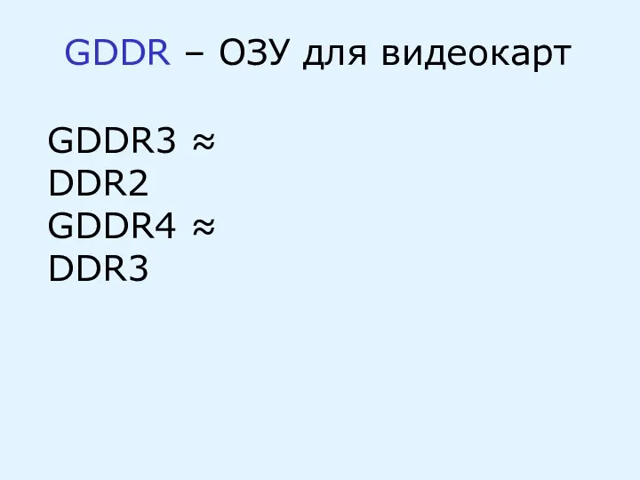 GDDR – ОЗУ для видеокарт GDDR3 ≈ DDR2 GDDR4 ≈ DDR3