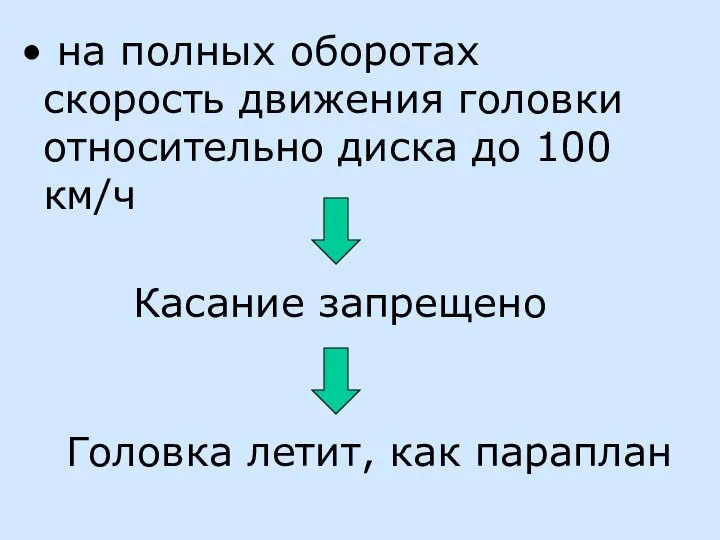 на полных оборотах скорость движения головки относительно диска до 100 км/ч