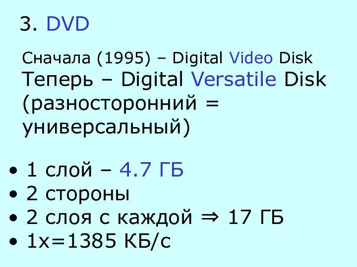 3. DVD Сначала (1995) – Digital Video Disk Теперь – Digital