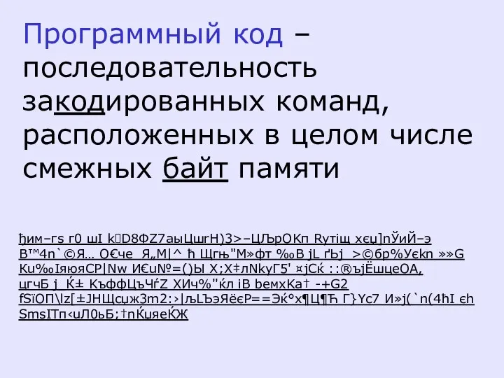 Программный код – последовательность закодированных команд, расположенных в целом числе смежных