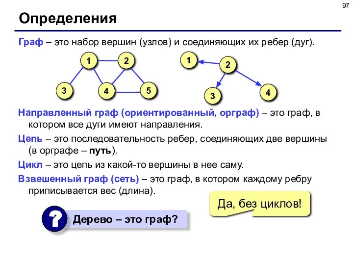 Определения Граф – это набор вершин (узлов) и соединяющих их ребер