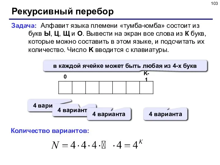 Рекурсивный перебор Задача: Алфавит языка племени «тумба-юмба» состоит из букв Ы,