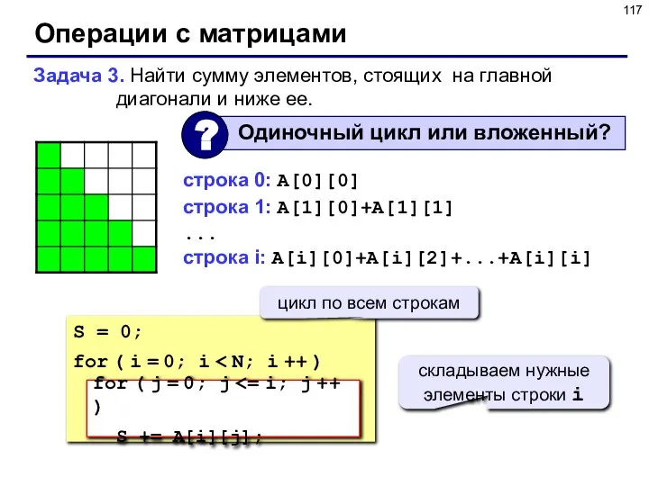 Операции с матрицами Задача 3. Найти сумму элементов, стоящих на главной