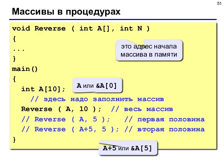 Массивы в процедурах void Reverse ( int A[], int N )