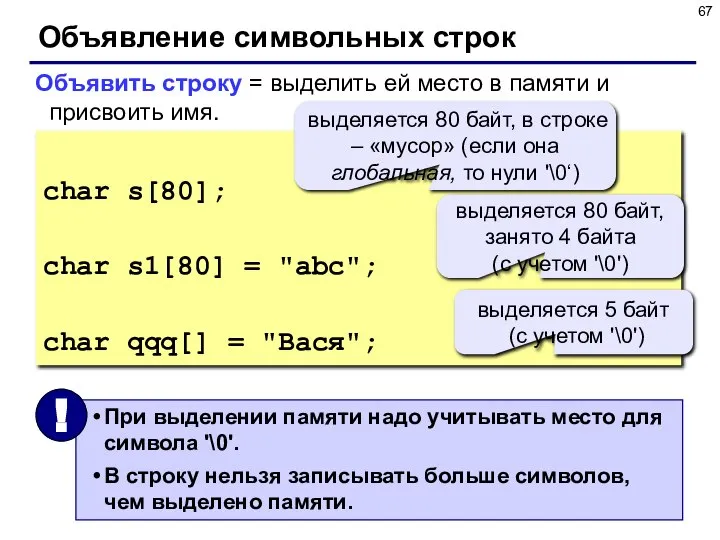 Объявление символьных строк Объявить строку = выделить ей место в памяти