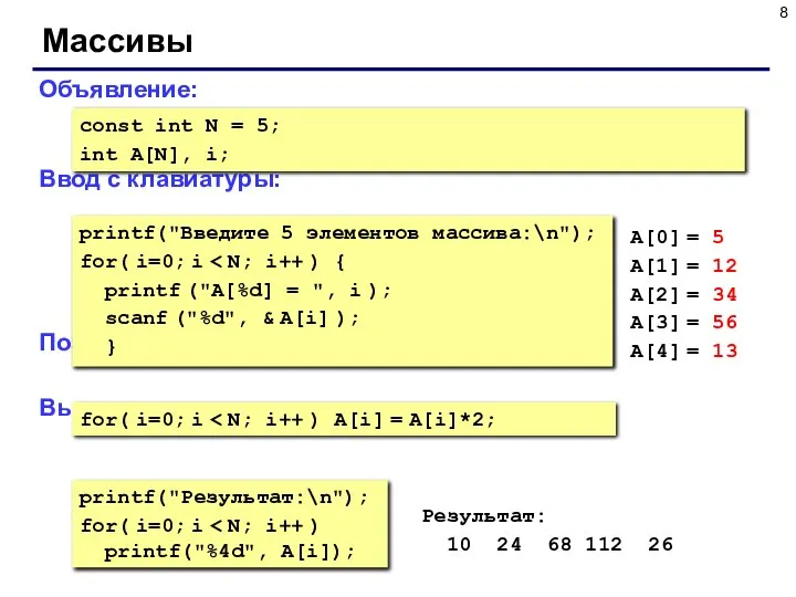 Массивы Объявление: Ввод с клавиатуры: Поэлементные операции: Вывод на экран: const