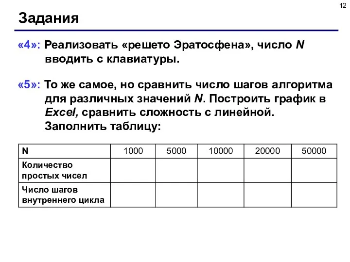 Задания «4»: Реализовать «решето Эратосфена», число N вводить с клавиатуры. «5»: