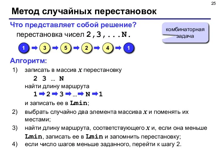 Метод случайных перестановок Что представляет собой решение? перестановка чисел 2,3,...N. комбинаторная