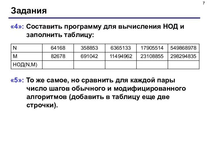 Задания «4»: Составить программу для вычисления НОД и заполнить таблицу: «5»: