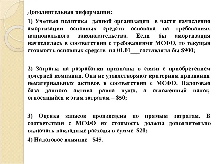 Дополнительная информации: 1) Учетная политика данной организации в части начисления амортизации