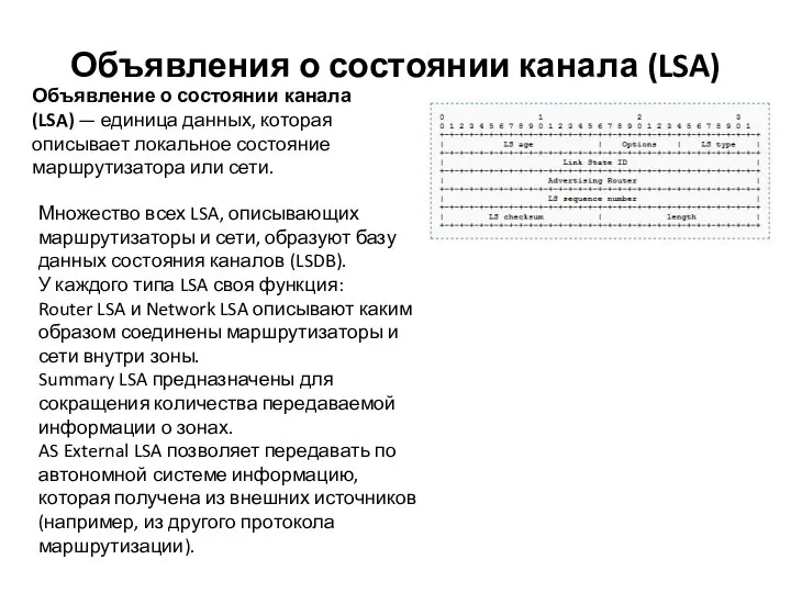 Объявления о состоянии канала (LSA) Множество всех LSA, описывающих маршрутизаторы и