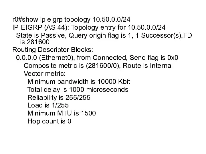 r0#show ip eigrp topology 10.50.0.0/24 IP-EIGRP (AS 44): Topology entry for
