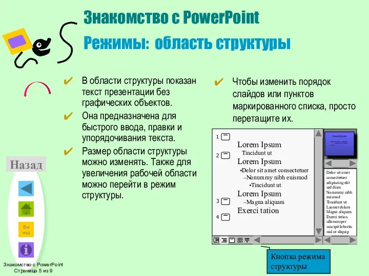 Назад Знакомство с PowerPoint Режимы: область структуры В области структуры показан