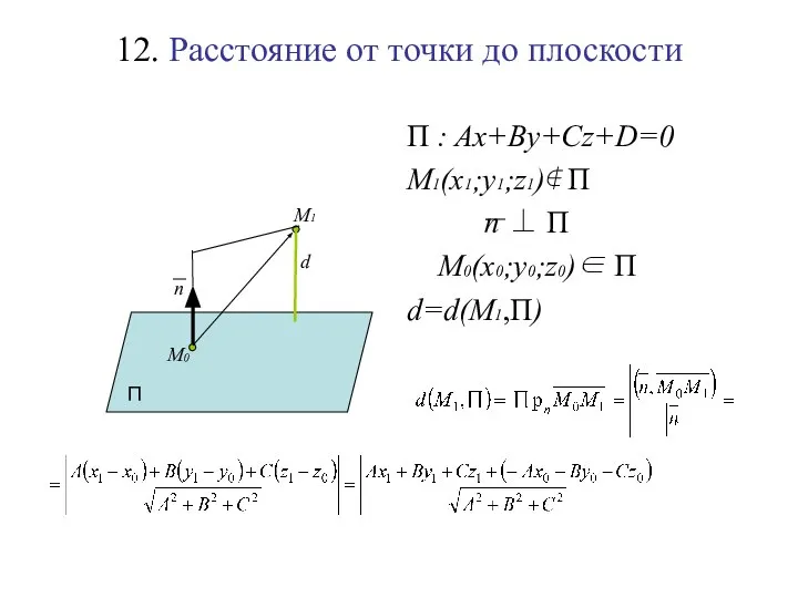 12. Расстояние от точки до плоскости П : Ax+By+Cz+D=0 M1(x1;y1;z1)∉ П