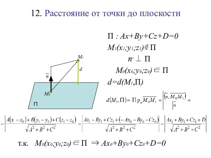 12. Расстояние от точки до плоскости П : Ax+By+Cz+D=0 M1(x1;y1;z1)∉ П