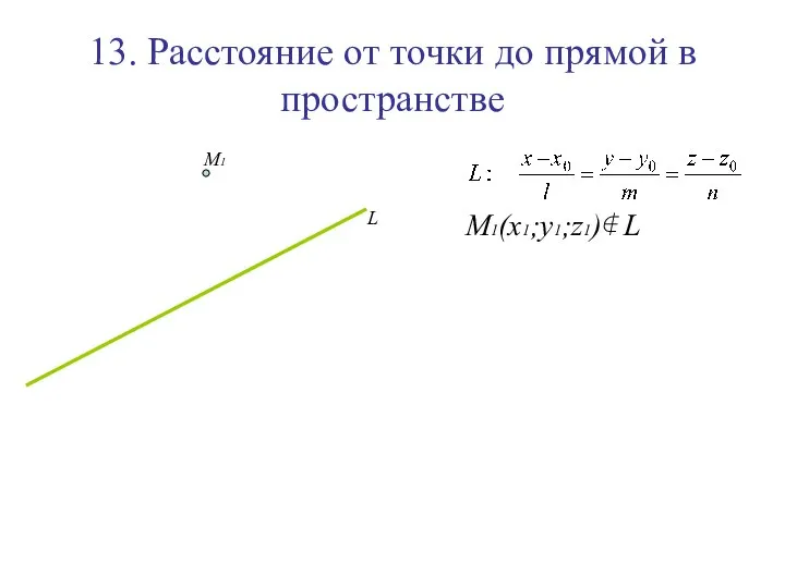 13. Расстояние от точки до прямой в пространстве M1(x1;y1;z1)∉ L L M1