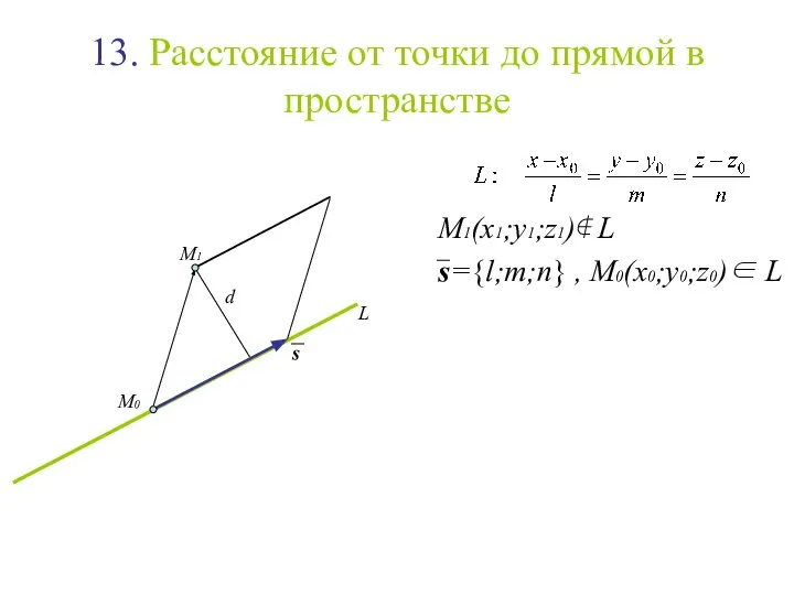 13. Расстояние от точки до прямой в пространстве M1(x1;y1;z1)∉ L s={l;m;n}