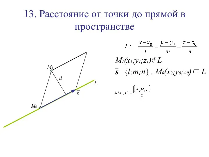 13. Расстояние от точки до прямой в пространстве M1(x1;y1;z1)∉ L s={l;m;n}