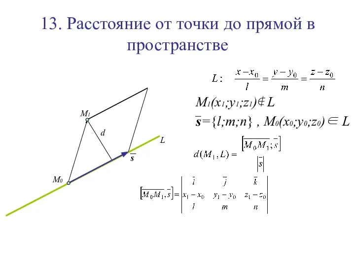 13. Расстояние от точки до прямой в пространстве M1(x1;y1;z1)∉ L s={l;m;n}
