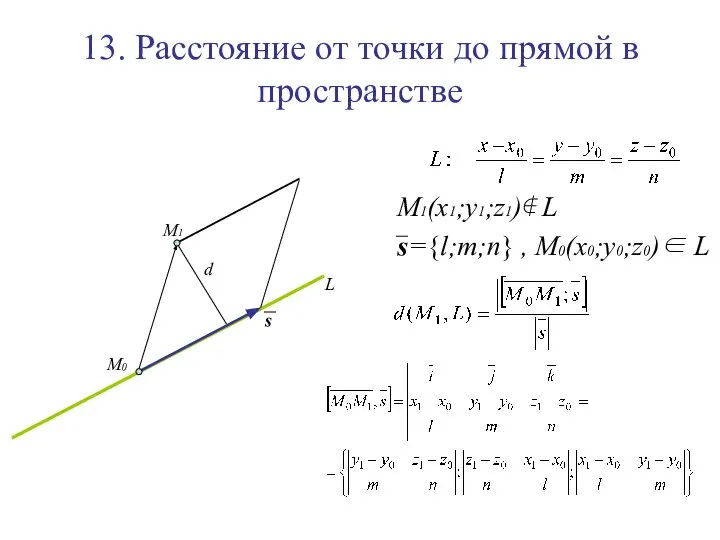 13. Расстояние от точки до прямой в пространстве M1(x1;y1;z1)∉ L s={l;m;n}