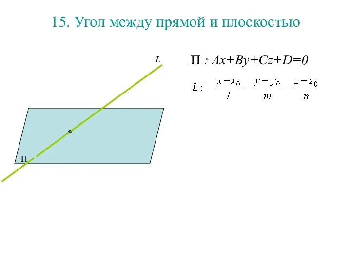 15. Угол между прямой и плоскостью П : Ax+By+Cz+D=0 П