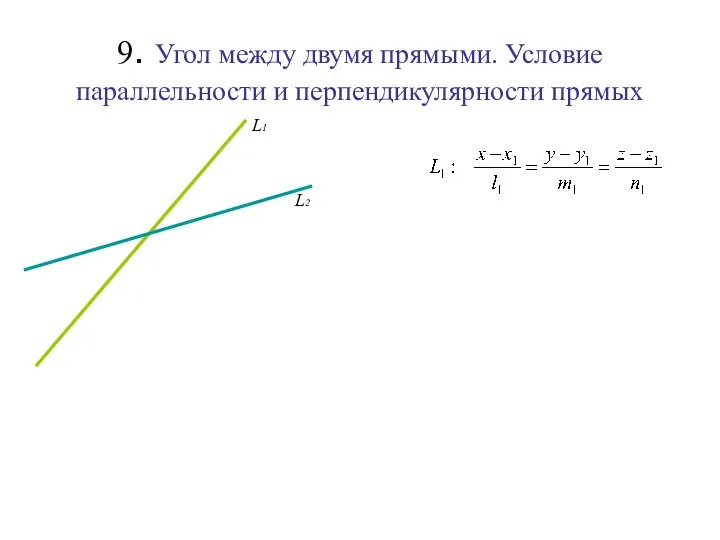 9. Угол между двумя прямыми. Условие параллельности и перпендикулярности прямых L1 L2