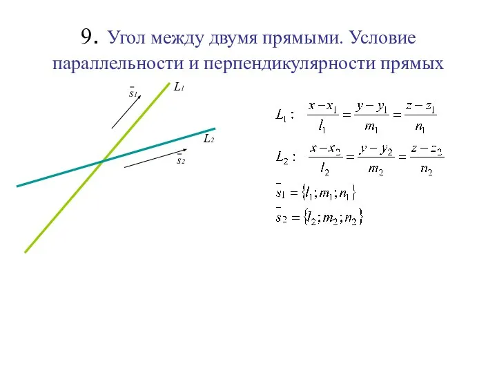 9. Угол между двумя прямыми. Условие параллельности и перпендикулярности прямых L1 L2