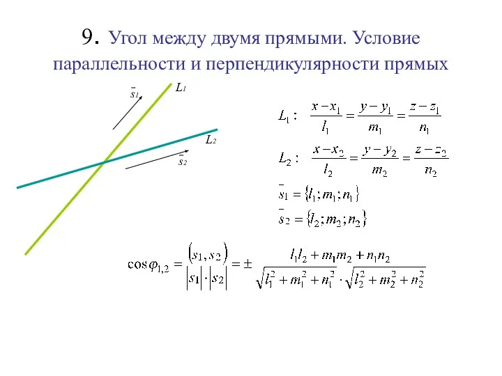 9. Угол между двумя прямыми. Условие параллельности и перпендикулярности прямых L1 L2