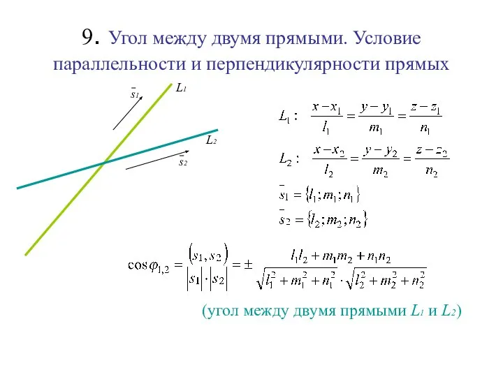 9. Угол между двумя прямыми. Условие параллельности и перпендикулярности прямых (угол