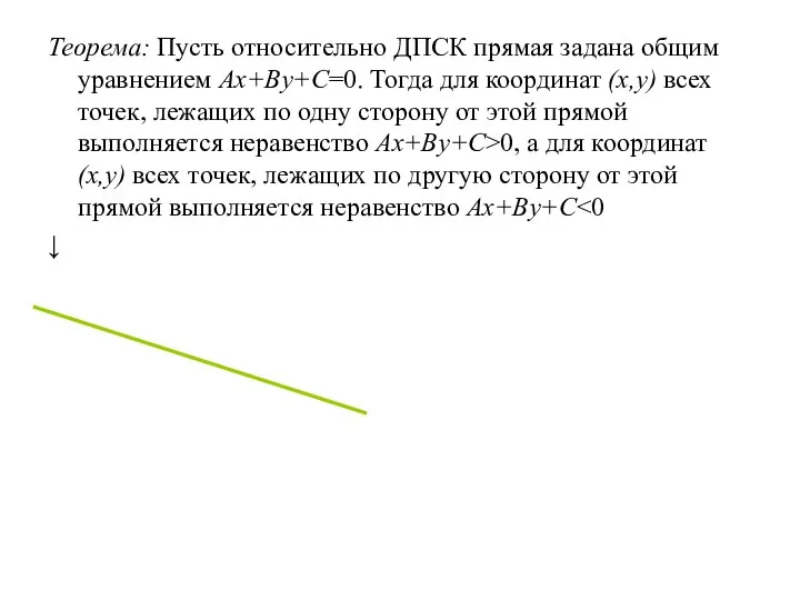 Теорема: Пусть относительно ДПСК прямая задана общим уравнением Ax+By+C=0. Тогда для