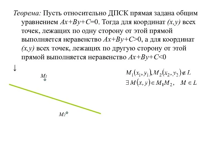 Теорема: Пусть относительно ДПСК прямая задана общим уравнением Ax+By+C=0. Тогда для