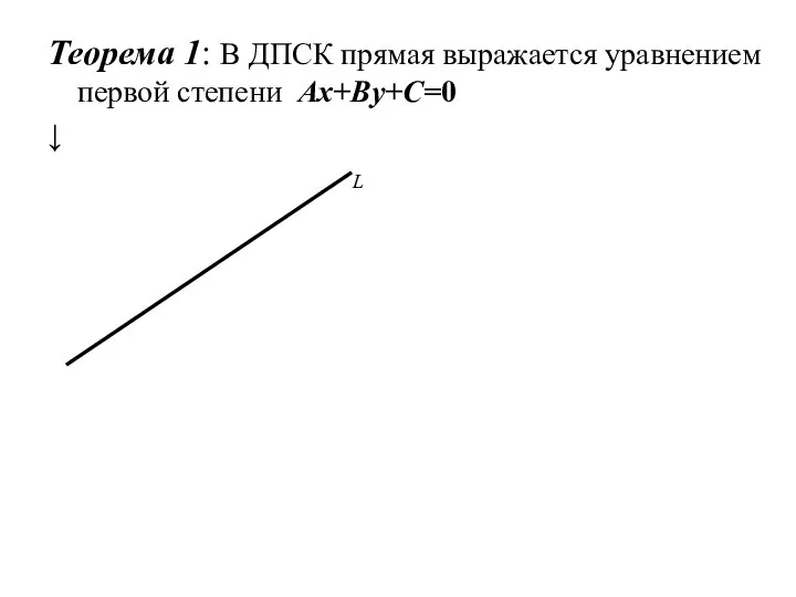 Теорема 1: В ДПСК прямая выражается уравнением первой степени Ax+By+C=0 ↓ L