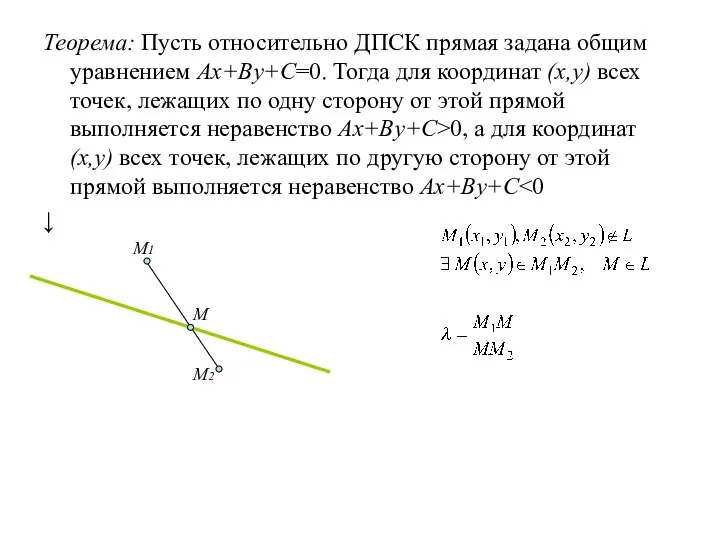 Теорема: Пусть относительно ДПСК прямая задана общим уравнением Ax+By+C=0. Тогда для