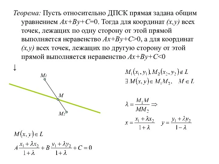 Теорема: Пусть относительно ДПСК прямая задана общим уравнением Ax+By+C=0. Тогда для