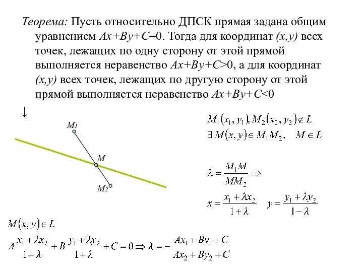 Теорема: Пусть относительно ДПСК прямая задана общим уравнением Ax+By+C=0. Тогда для