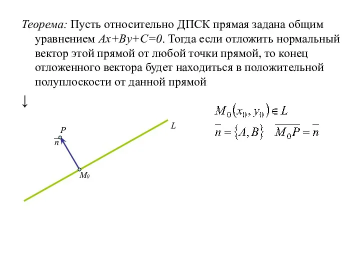 Теорема: Пусть относительно ДПСК прямая задана общим уравнением Ax+By+C=0. Тогда если