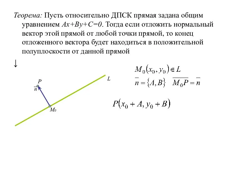 Теорема: Пусть относительно ДПСК прямая задана общим уравнением Ax+By+C=0. Тогда если