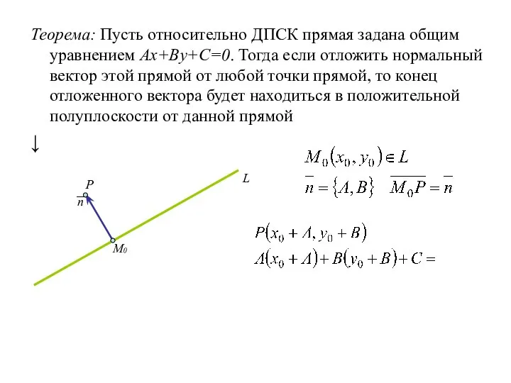 Теорема: Пусть относительно ДПСК прямая задана общим уравнением Ax+By+C=0. Тогда если