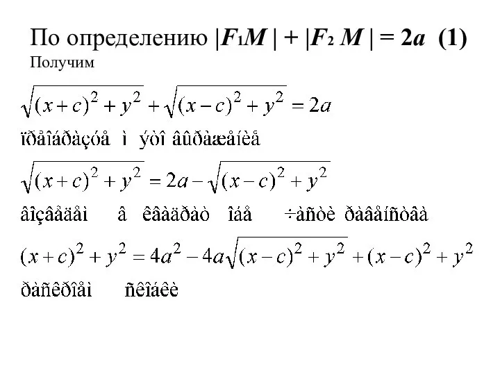 По определению |F1М | + |F2 М | = 2a (1) Получим