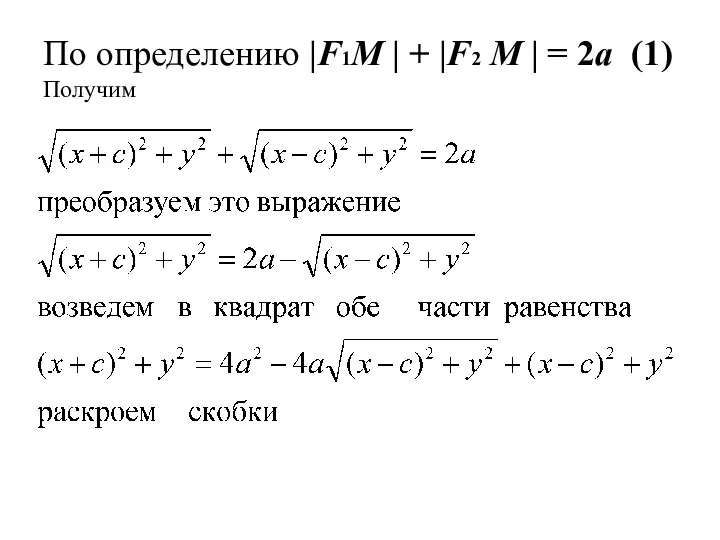 По определению |F1М | + |F2 М | = 2a (1) Получим